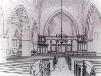Interior of Harrold church looking east about 1845
